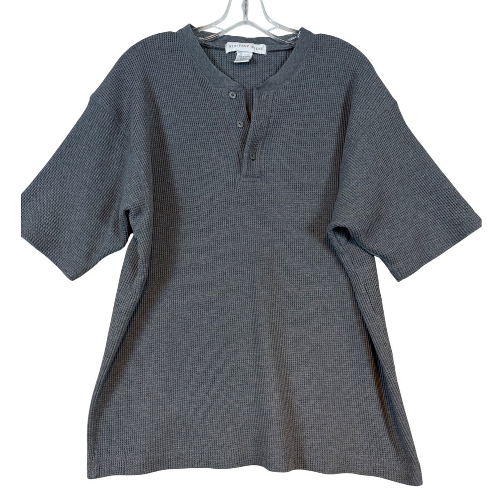 Geoffrey Beene Mens Gray Waffle Knit Henley Short Sleeve Cotton Shirt •L• 90s